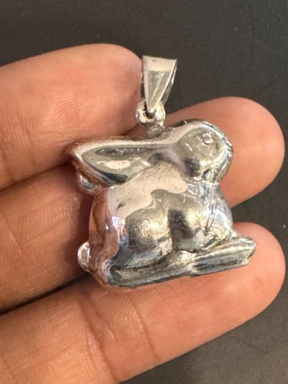Sterling Silver 925 Bunny Rabbit Necklace Pendant Puffy Chubby 0.75"